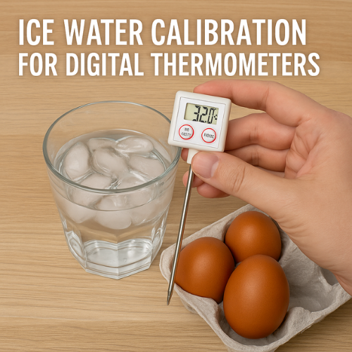 Glass of ice in water, hand holding digital thermometer and three eggs in carton in the background.